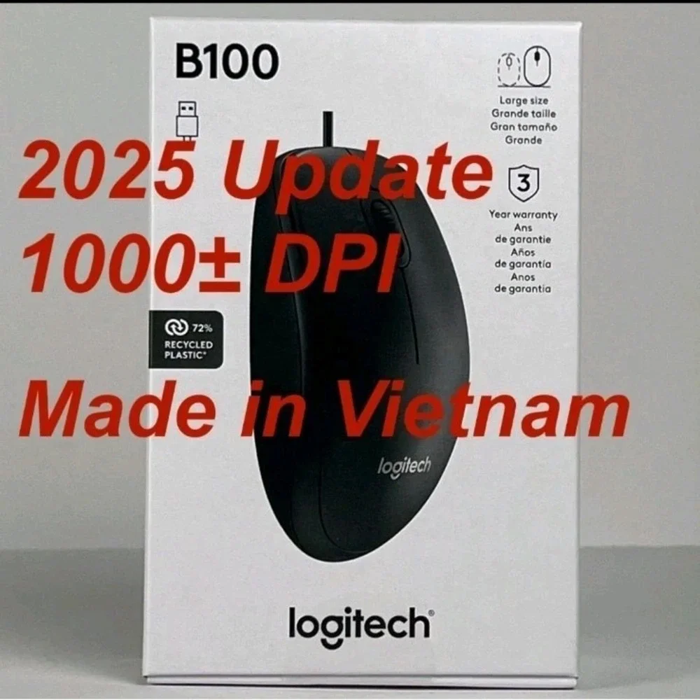 LOT of 10-2025 NEW Logitech B100 Ambidextrous 1000 DPI USB Wired 4-Way Mouse